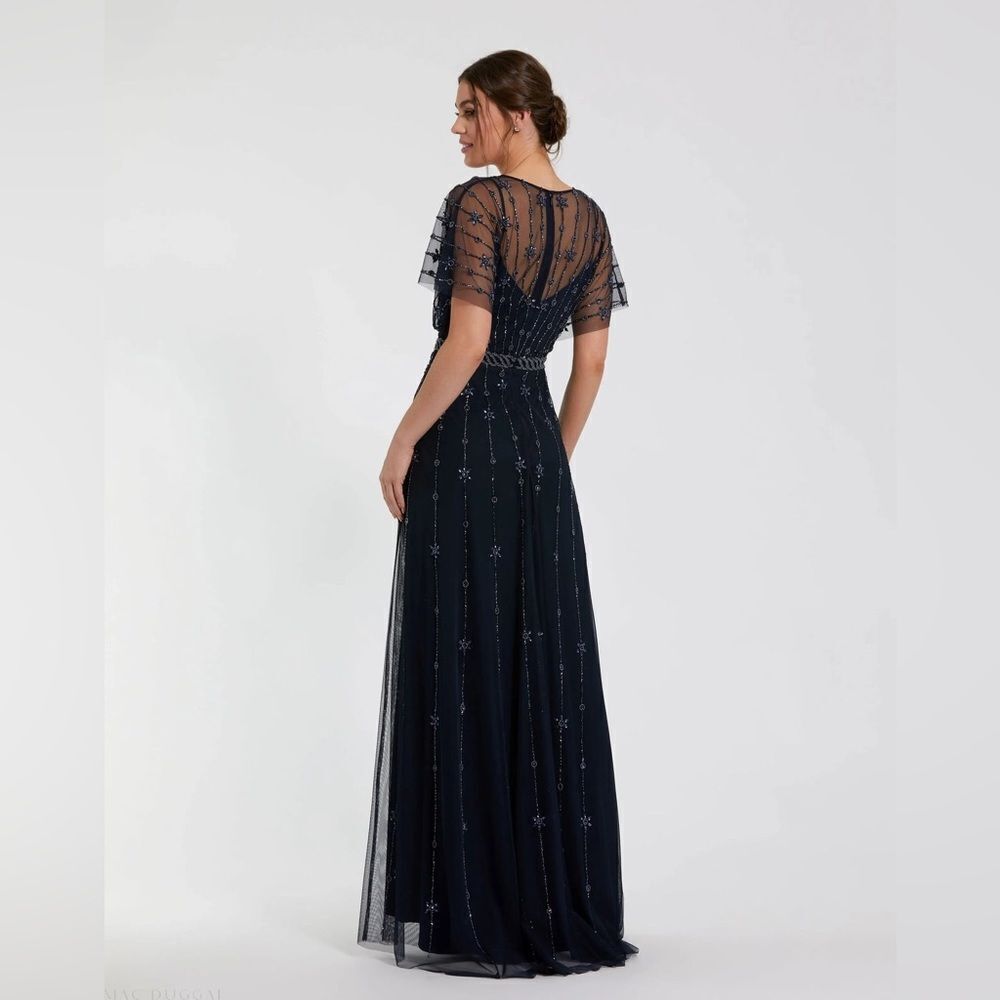 Mac Duggal 9223 Navy V Neck Embellished Flutter Sleeve A Line Gown - Picture 4 of 13